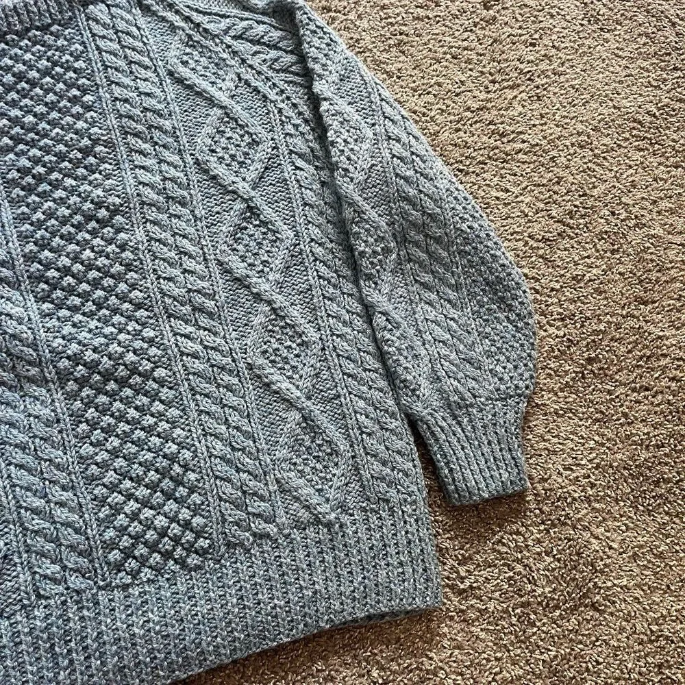 Vintage Aran Islands Knitwear Fisherman Wool Sweater Cable Knit Chunky Blue Sz L
